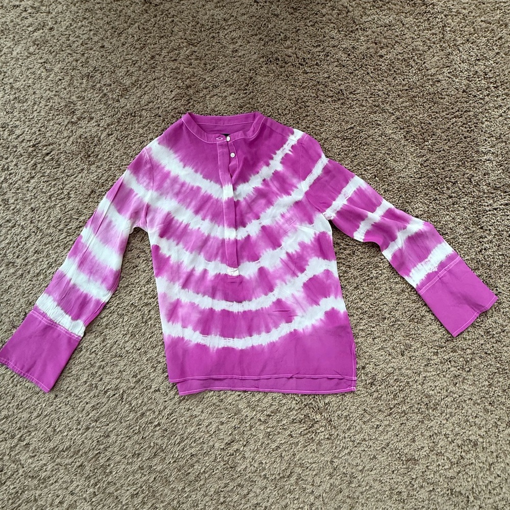 J Crew Small Tie-Dye Silk Blouse | Pink & White Long Sleeve half Button-Up